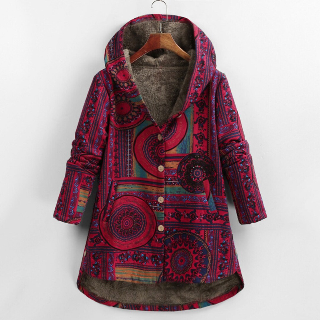 Plus Size Women Vitage Flower V-Neck Padded Long Coat main image 1