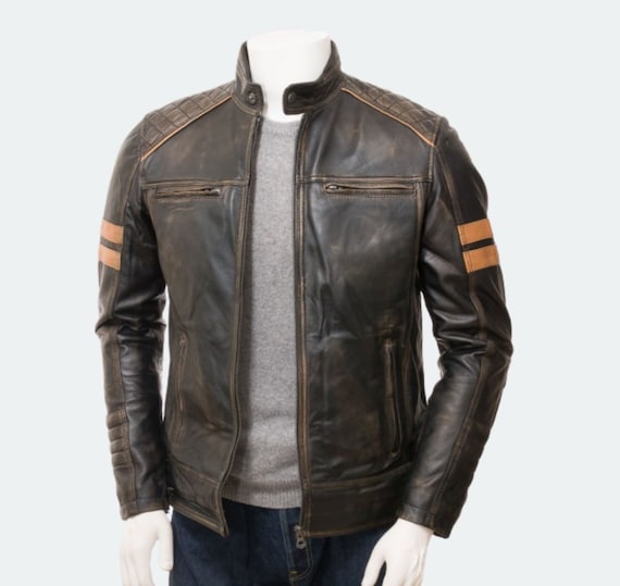 Genuine Cowhide Leather Distressed Finish Cafe Racer Jacket 