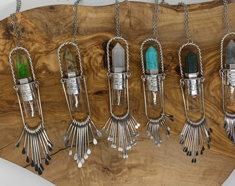 Crystal Point Necklace Fringe Silver ARCHER - Essential Oil Necklace Aromatherapy Diffuser Jewelry Roller Ball Necklace