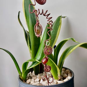 May include: A copper wire plant stake with decorative spirals and gemstone accents. The stake has a spiral top, a dangling stone, and additional gemstones. It is placed in a grey ceramic pot with a snake plant.