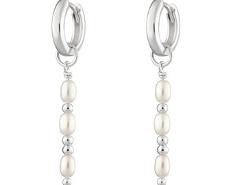 Pearl Hoop Earrings - Dangle pearl earrings - Sterling Silver -Bridesmaid Earrings - Bride Earrings - SHUSHU