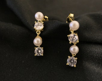 Pearl Earrings - Dangle pearl earrings- CZ 18K gold plated earrings - Sterling Silver -Bridesmaid Earrings - Bride Earrings -