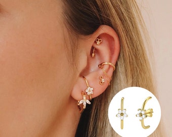 Gold Stud Earring -Bar Earrings - Flower CZ Stud -18K gold filled - Sterling Silver - Layering - Minimalist Earrings- Plain Gold earrings-