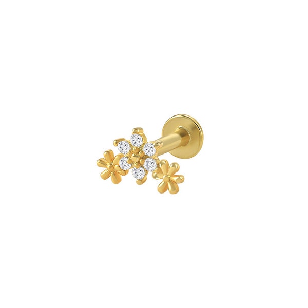 Gold Flower Piercing Earrings - with CZ - 18K Gold Plated - Sterling Silver Piercing- Helix -Tragus - Cartilage -Conch - Lip Piercing -