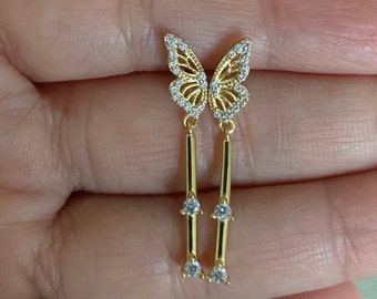 CZ Earring Drop Earring - Gold Butterfly Earring - 18K Gold Plated on Sterling Silver - Gold Earring - Bridal Earrings- SHUSHU