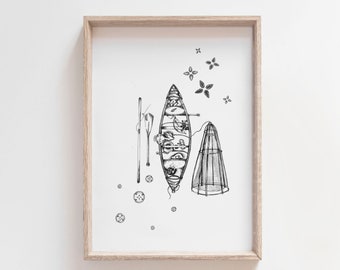 River Roots - Fishing Boat | Fishing Net | Asian | Sailing | Ink Illustration | Wall Art | Giclee Print