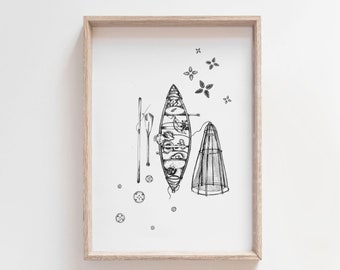 River Roots - Fischerboot | Fischernetz | Asiatisch | Segeln | Tinte Illustration | Wand-Kunst | Giclée-Druck