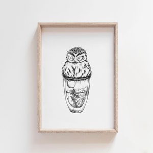 May include: Black and white illustration of an owl sleeping inside a glass with a moon and mountains inside.