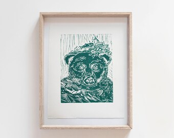 What a Catch Artwork - Bear | Fishing | Animals | Nature | Lino Print | Wall Art