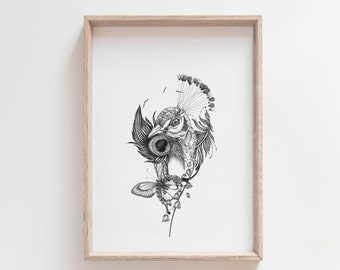 Weeds and Flowers - Peacock | Flowers | Butterfly | Ink Illustration | Wall Art | Giclee Print