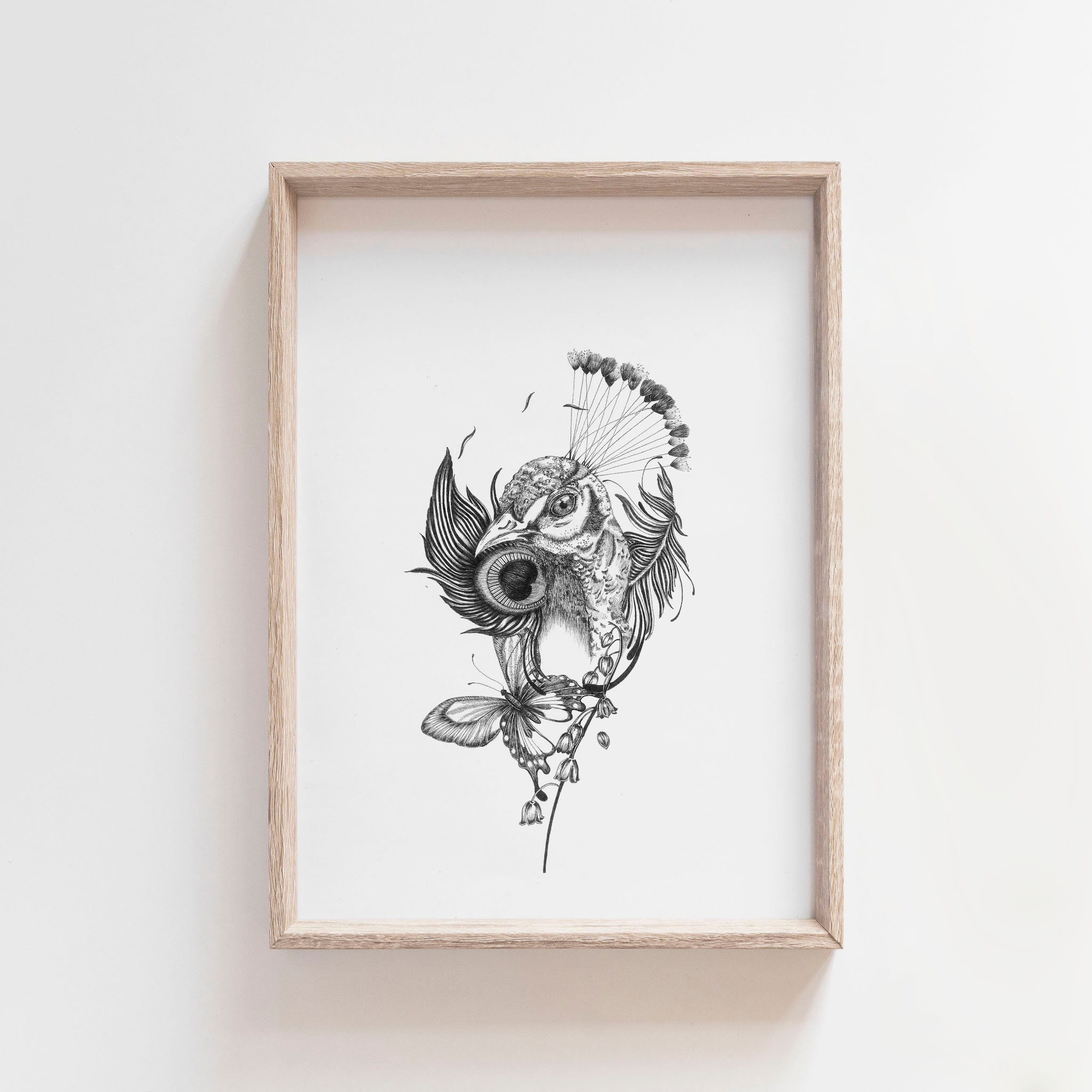 Weeds and Flowers - Peacock | Flowers | Butterfly | Ink Illustration | Wall Art | Giclee Print