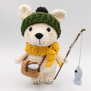 Bruno the fishing polar bear amigurumi pattern, crochet bear pattern, fisherman bear pattern