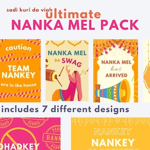 Puede incluir: Un conjunto de siete tarjetas digitales imprimibles coloridas con texto en inglés y punjabi. Las tarjetas presentan ilustraciones de decoraciones de boda indias tradicionales, instrumentos y personas. El texto en las tarjetas incluye frases como "NANKA MEL DA SWAG" y "TEAM NANKEY".