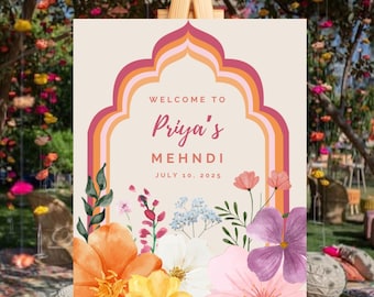 Panneau de bienvenue Mehndi, toile de fond déco mariage Mehndi, mariage indien, signalétique Haldi, décoration de mariage indien, mariage pendjabi, mariage hindou