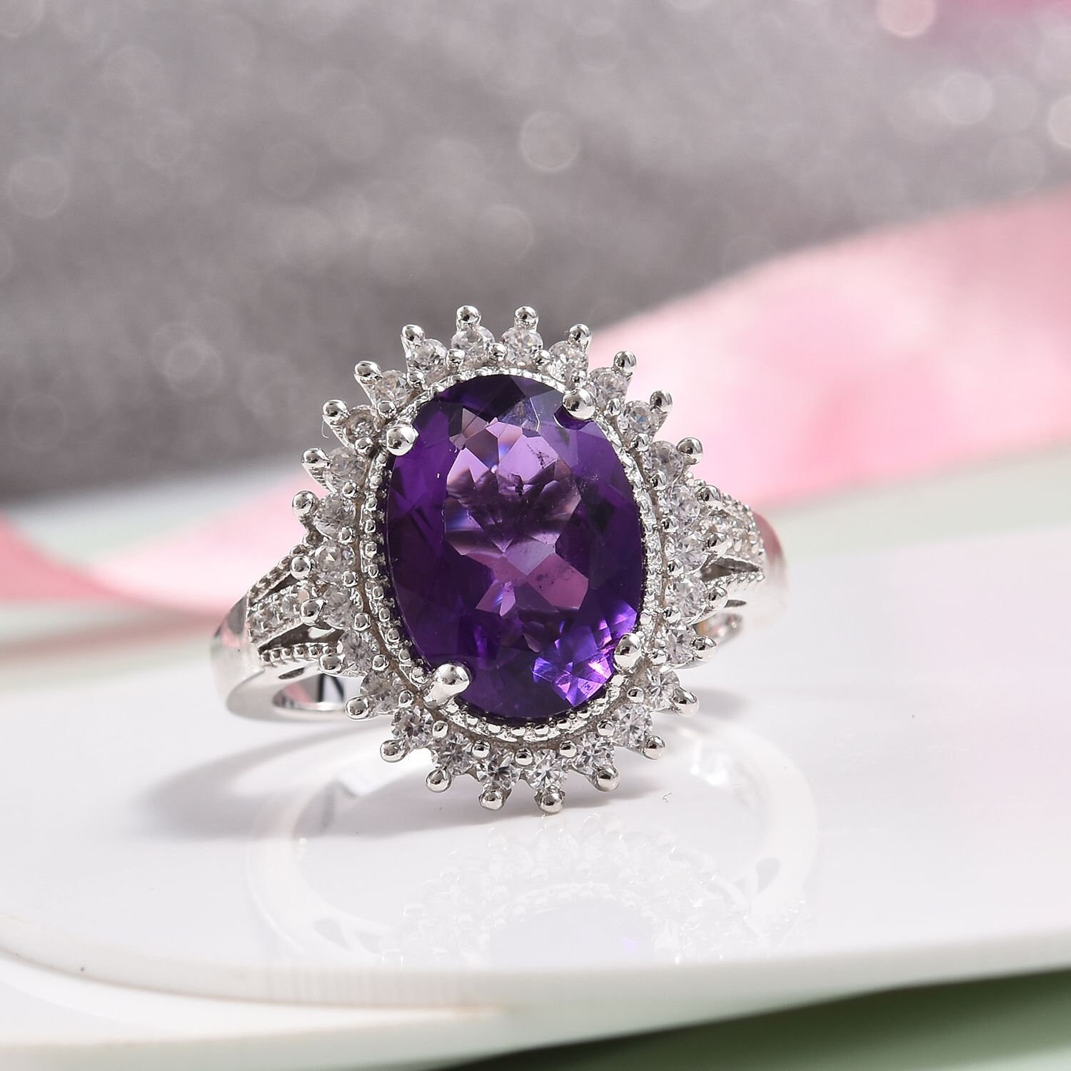 Anillo De Plata De Ley 925 Con Racimo De Amatista - Tallas De La J A La U, Piedra Ovalada Simulada