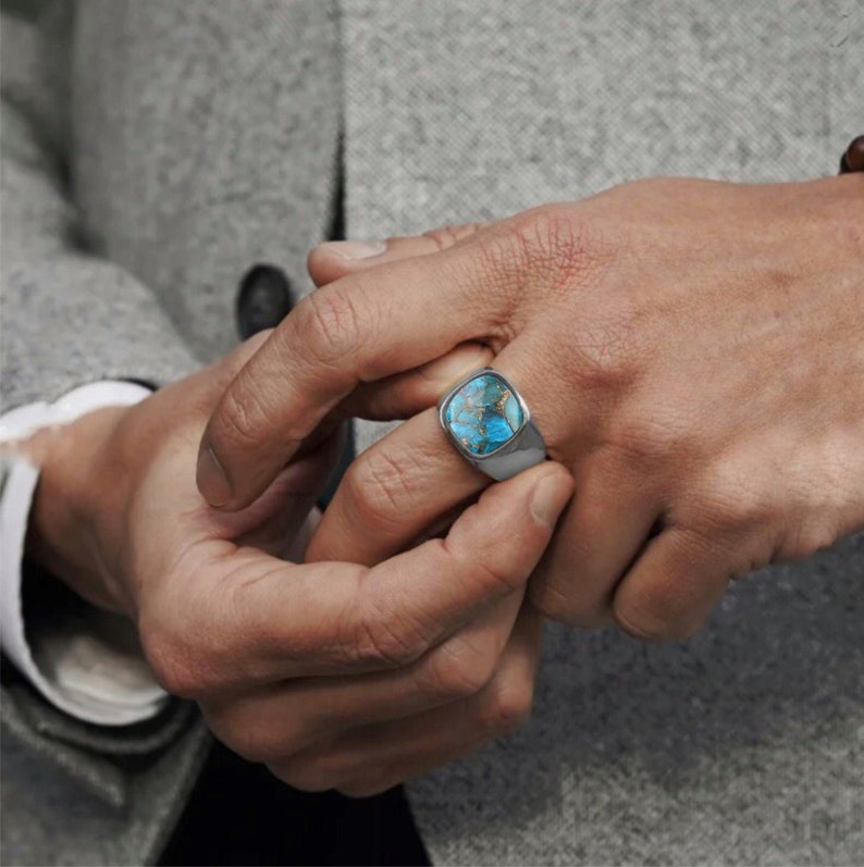 Men Copper Turquoise Ring Men Signet Ring 925 Sterling | Etsy