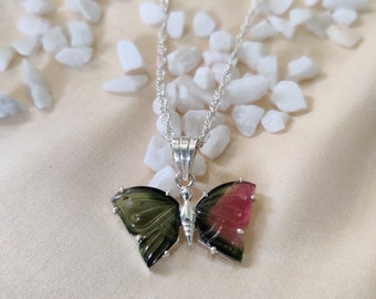 Tourmaline pendant, Tourmaline butterfly pendants, Tourmaline carvings, Bicolor Tourmaline, Tourmaline jewelry, Sterling silver, Handmade