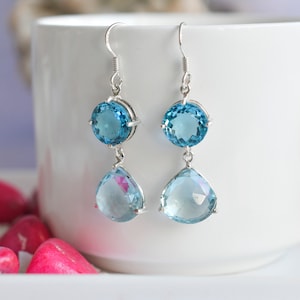 Blue topaz earrings, Blue topaz mirror shape, Blue topaz faceted cut stones, 925 sterling silver earrings, earrings for women
