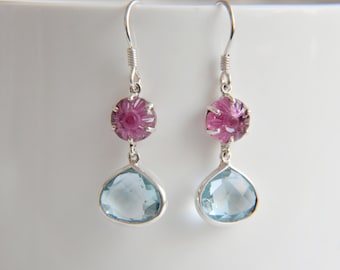 Silver earrings for her, Pink tourmaline earrings, Blue topaz jewelry, Tourmaline carvings, Flower earrings, Handmade earrings, 925 silver