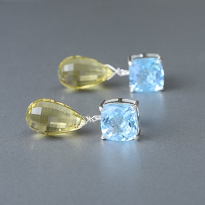Blue topaz earrings, Blue topaz cut stone, Lemon topaz drops, Lemon topaz earrings, Fashion jewelry, Silver earrings, Silver jewelry