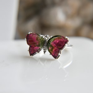Tourmaline rings, Butterfly rings, Tourmaline butterfly carvings, Bicolor Pink Tourmaline, 925 silver rings, Handmade rings for women