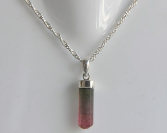 May include: A pendant necklace featuring a raw, cylindrical bicolor tourmaline crystal with a gradient from dark green at the top to deep pink at the base, held by a polished silver cap and suspended from a delicate silver rope chain.