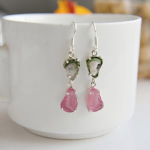 Minimalist earrings for her, Tourmaline earrings for her, 925 sterling silver earrings, Tourmaline jewelry, Tourmaline slices, Earrings