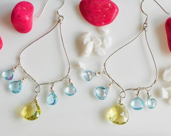 Blue Topaz earrings, Lemon quartz earrings, Blue topaz heart, Lemon quartz heart, Dangles for women, Designer earrings, 925 sterling silver