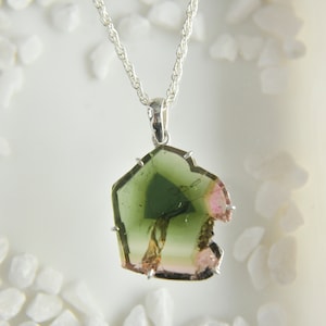 Watermelon Tourmaline pendant necklace, 925 sterling silver pendant, Bicolor Tourmaline watermelon slice, Fancy Tourmaline pendant, Handmade