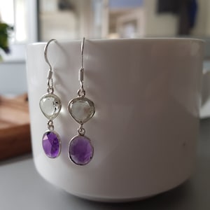 Amethyst earrings, Green amethyst,  Green amethyst heart shaped, Amethyst oval shape, Silver hanging earrings,Silver Jewelry