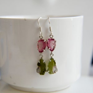 Raw gemstone jewelry, Raw Tourmaline earrings for her, 925 silver earrings, Pink and green Tourmaline, Tourmaline slices, Handmade earrings