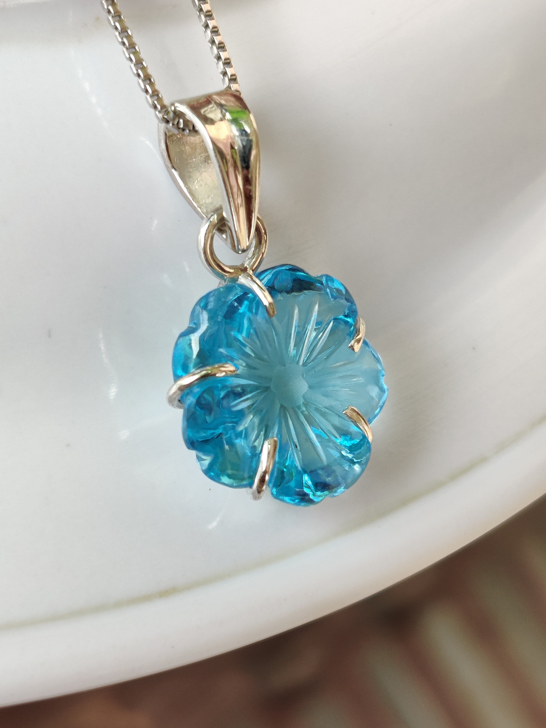 Blue topaz pendant Blue topaz flower Blue topaz carving Etsy