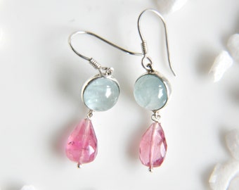 Aquamarine and Tourmaline earrings, Pink Tourmaline earrings, 925 sterling silver earrings, Earrings for girls, Aquamarine earrings