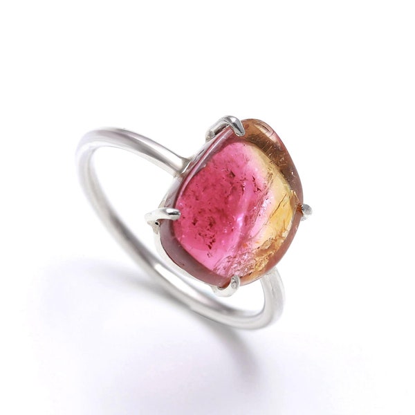 Tourmaline ring in 925 sterling silver, Watermelon Tourmaline ring, Tourmaline jewelry, Silver ring for her, Multi Color Tourmaline Ring