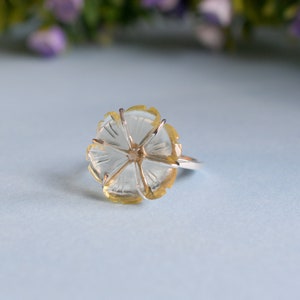 Lemon quartz ring, Lemon quartz flower, Lemon quartz carving, Flower ring, Designer rings, US 7 stock size, 925 silver, Rings for women