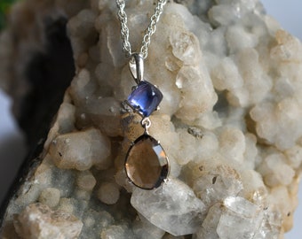 Iolite pendant, Smokey quartz pendant, 925 sterling silver pendant, Iolite sugarloaf, Smokey quartz pear, Pendant for women, Handmade