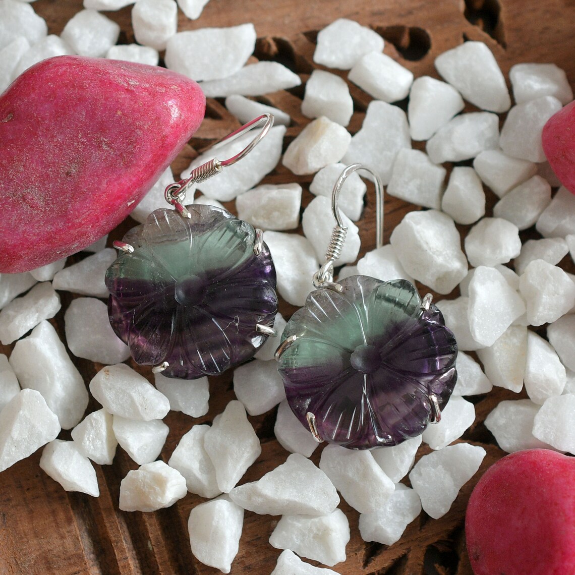 Fluorite Flower Earrings Fluorite Carved Flowers Flourite Etsy