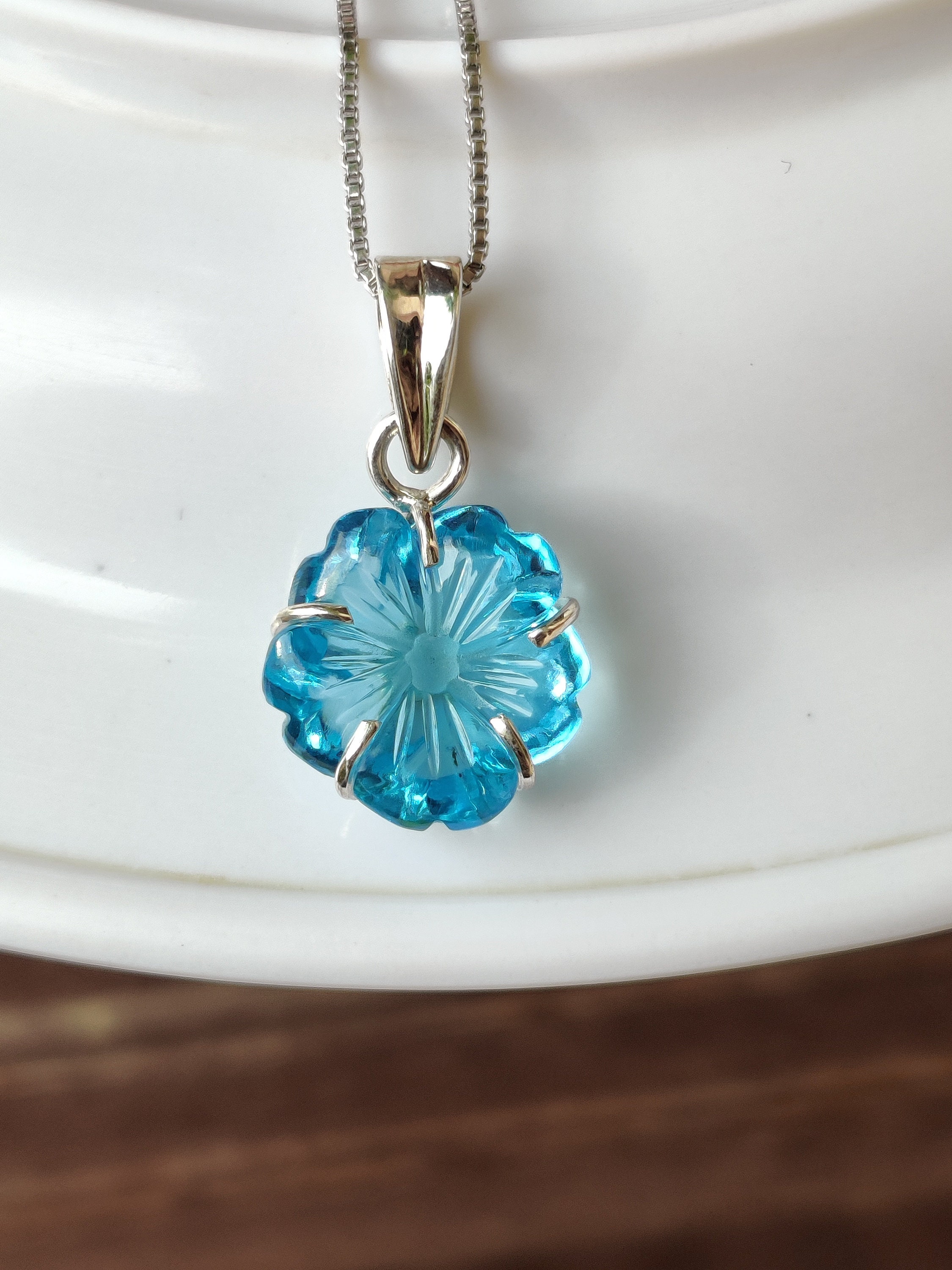 Blue topaz pendant Blue topaz flower Blue topaz carving Etsy