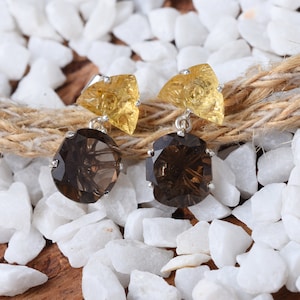 Citrine earrings, Smokey quartz earrings, Citrine carvings, Smoky quartz carvings, Silver studs, Silver earrings, Silver jewelry