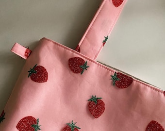 Handmade Pink Strawberry Glitter Tote Bag , Tote Bag , Cute Bag , Gifts for Her , Shoulder Bag , Market Bag , Strawberry Tote Bag