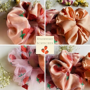 Handmade Pink Satin Strawberry Scrunchies, Silk Scrunchies, Strawberry Scrunchies, Large Scrunchies, Mothers Day Gifts