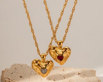 gold Heart Necklace, Red and white gemstone heart necklace, love heart pendent, love necklace gold, 14k gold plated heart necklace