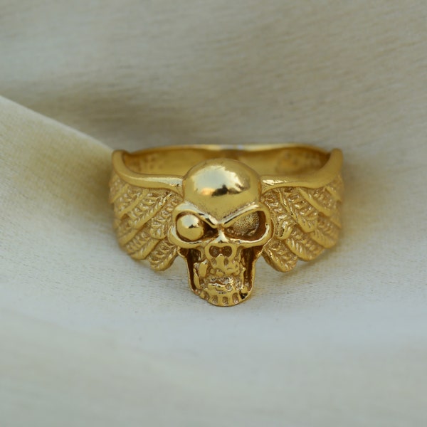 14k Gold Skull Ring 'Spiral Skull, Mens Skull Ring, Skull Rings, Sugar Skull, Gothic Ring, Biker Ring, Skull Ring Men, Gold Jewelry