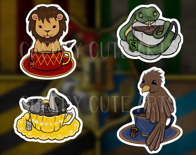 Tea Cups 4 Pack | Vinyl Sticker | Badger Lion Serpent Eagle | School Mascots