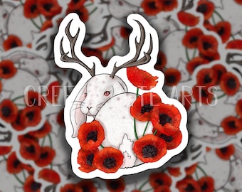 Jackalope in Poppies | Vinyl Sticker | Mythical Beast