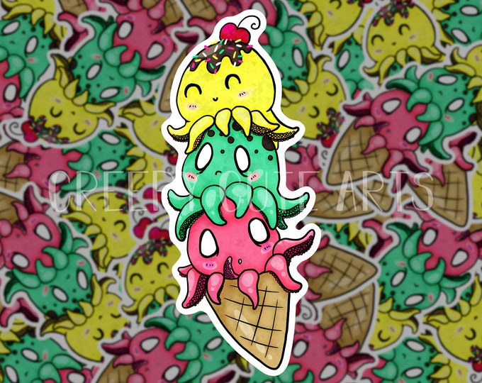 OctoCone | Vinyl Sticker | Cute Animal | Ice Cream Cone | Octopus Ocean | Pink Yellow Green | Strawberry