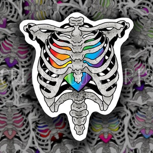 May include: A sticker featuring a rainbow heart inside a grey ribcage. The heart is made up of the colors of the rainbow flag. The ribcage is stylized and has a grunge texture.
