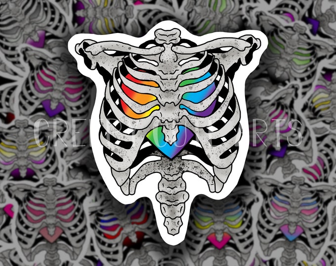 Ribcage Skeleton Heart | Vinyl Sticker | Rainbow LGBTQ Flags
