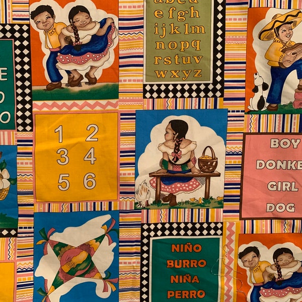 Jane Tenorio-coscarelli fabric Mexican Spanish   cotton fabric Telegraph   road  fabric , piñata, Latin   dancers ,by the 1/2 yard 18 inches