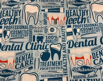 Dentist fabric, tooth cotton  hygiene, teeth implants   fabric  , cutest dentist  hygienist  fabric by the yard